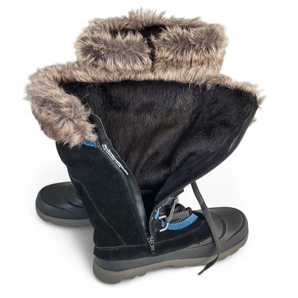 Baretraps Women's Black Winter Boots W/Faux Fur & Blue Trim 